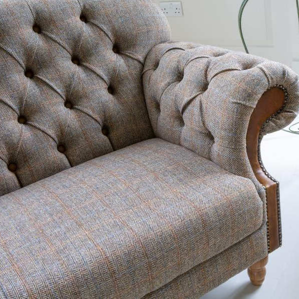 Haworth Buttoned Back Hunting Lodge Harris Tweed® & Brown Vintage Leather Sofa - Choice Of Sizes - The Furniture Mega Store 
