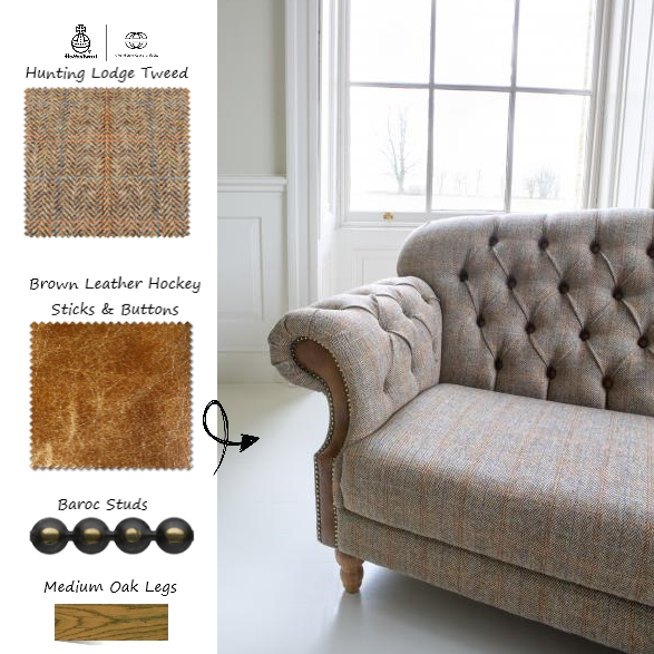 Haworth Buttoned Back Hunting Lodge Harris Tweed® & Brown Vintage Leather Sofa - Choice Of Sizes - The Furniture Mega Store 