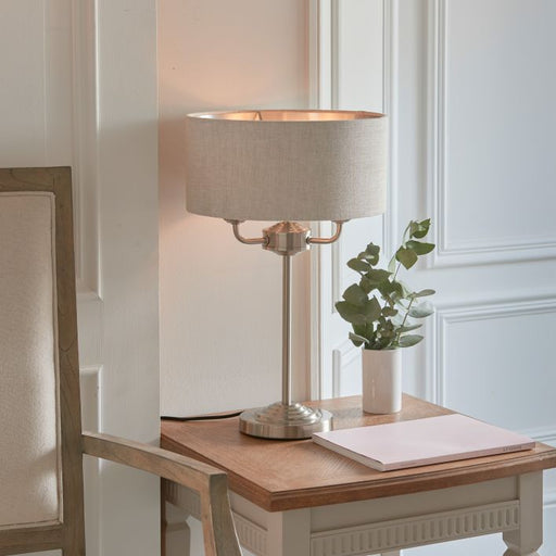 Highcliffe 3 Light Table Lamp - Chrome & Natural Linen Shade - ETA 19/01/2024 - The Furniture Mega Store 