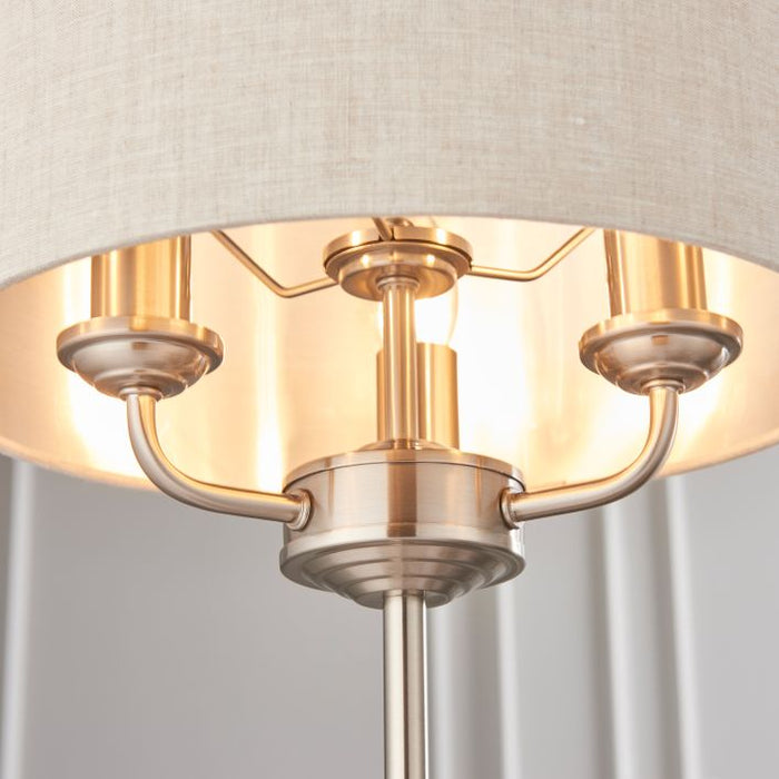 Highcliffe 3 Light Table Lamp - Chrome & Natural Linen Shade - ETA 19/01/2024 - The Furniture Mega Store 