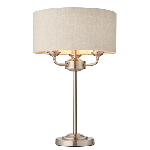 Highcliffe 3 Light Table Lamp - Chrome & Natural Linen Shade - ETA 19/01/2024 - The Furniture Mega Store 