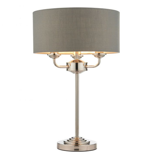 Highcliffe 3 Light Table Lamp - Nickel & Charcoal Grey Linen Shade - The Furniture Mega Store 