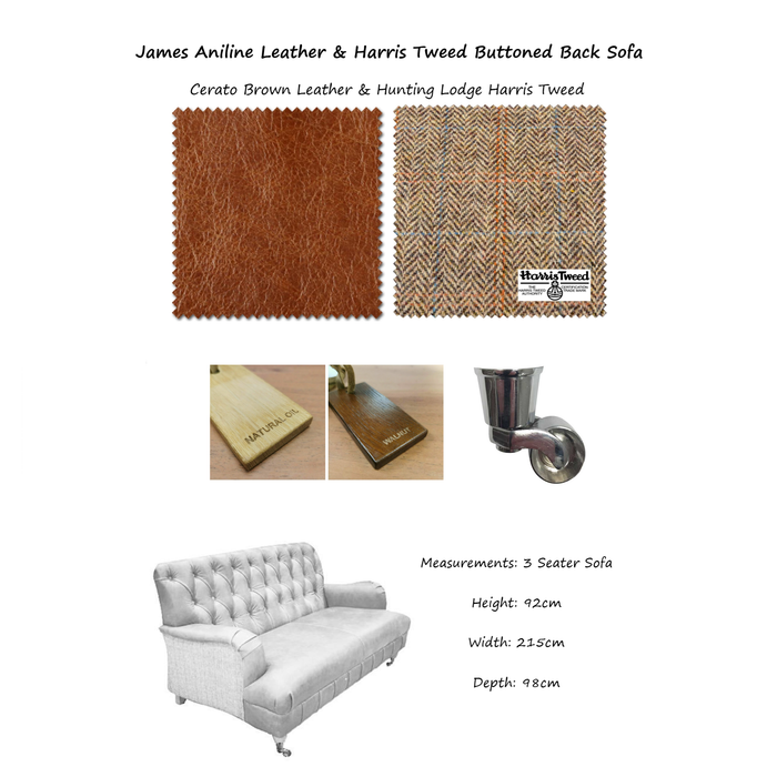 James Aniline Leather & Harris Tweed Buttoned Back Sofa & Armchair Collection - The Furniture Mega Store 