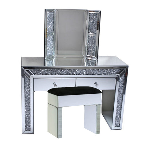 Crushed Diamond & Mirrored 2 Drawer Dressing Table, Stool & Mirror Set - The Furniture Mega Store 