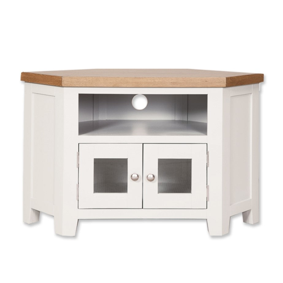 St.Ives White Painted & Oak Glazed Corner TV Cabinet - The Furniture Mega Store 