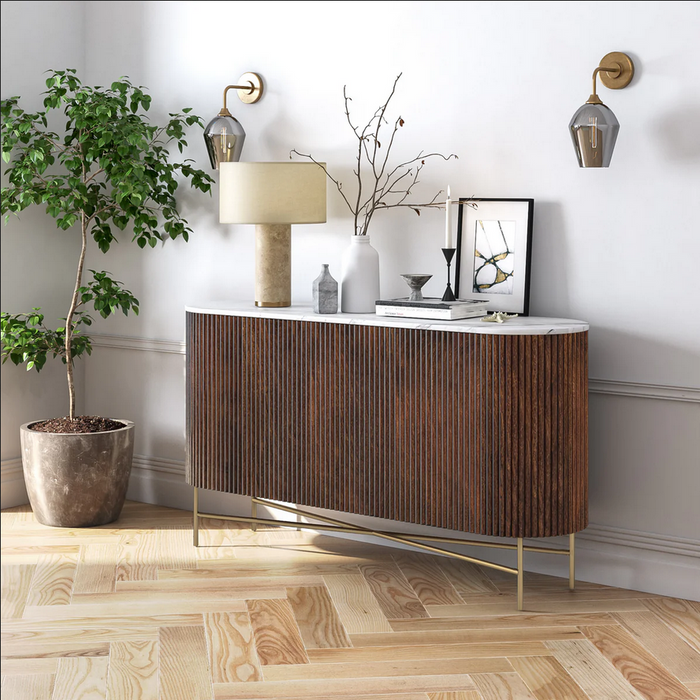 Milo Walnut Fluted Wood & Marble Top Large Curved 2 Door Sideboard - 150cm - The Furniture Mega Store 