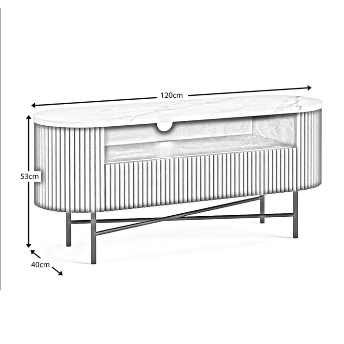 Milo Walnut Fluted Wood & Marble Top Small Curved TV Unit - 120cm - The Furniture Mega Store 