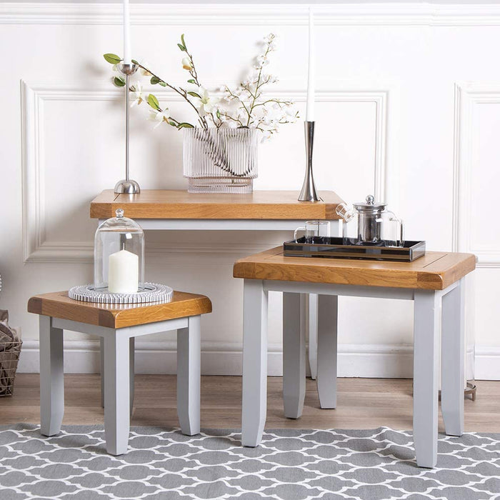 St.Ives French Grey & Oak Nest Of 3 Tables - The Furniture Mega Store 