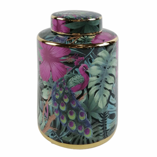 Green & Pink Round Tropical Palm Leaves Design Ginger Jar - 21.4cm - The Furniture Mega Store 