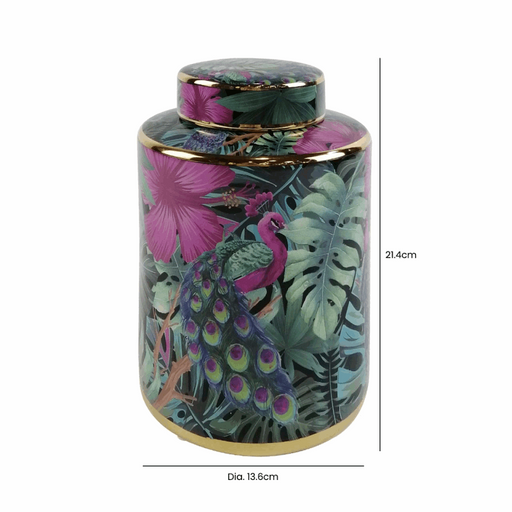 Green & Pink Round Tropical Palm Leaves Design Ginger Jar - 21.4cm - The Furniture Mega Store 
