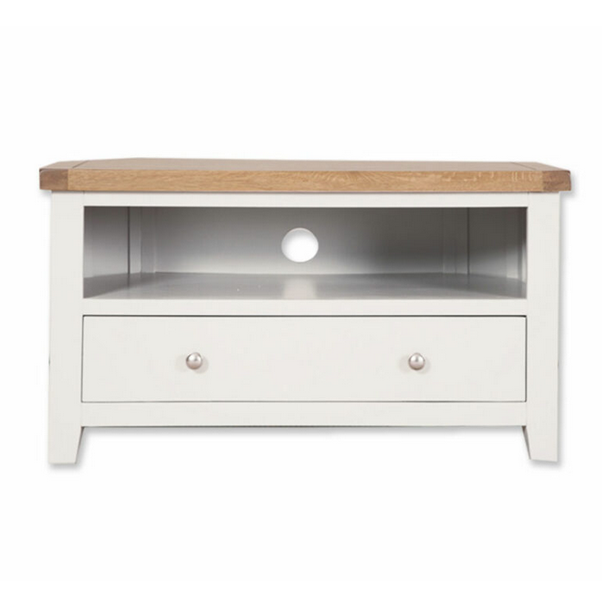 St.Ives White Painted & Oak 1 Drawer Corner TV Cabinet - The Furniture Mega Store 
