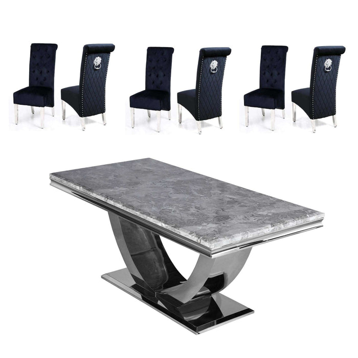 Ariel 1.8 Marble Dining Table & Sofia Velvet Lion Knocker Dining Chairs - Set - The Furniture Mega Store 