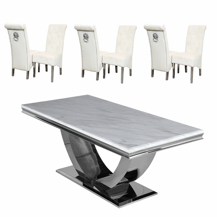 Ariel 1.8 Marble Dining Table & Sofia Velvet Lion Knocker Dining Chairs - Set - The Furniture Mega Store 