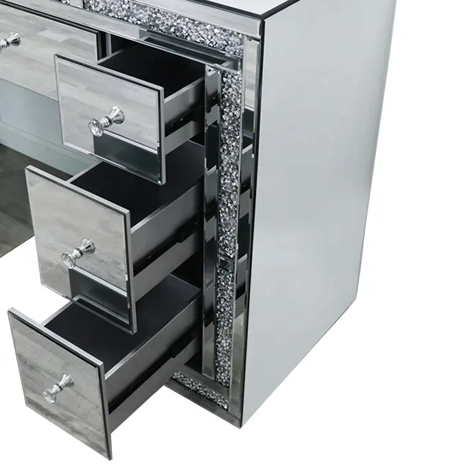 Crushed Diamond Top & Mirrored 7 Drawer Dressing Table - The Furniture Mega Store 