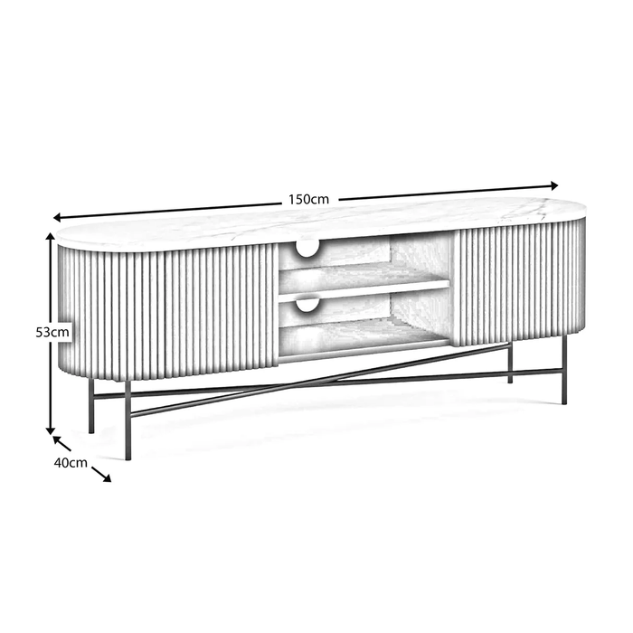 Milo Walnut Fluted Wood & Marble Top Large Curved TV Unit - 150cm - The Furniture Mega Store 