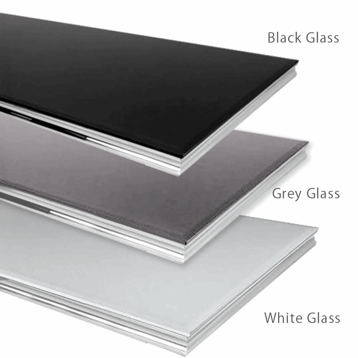 Ariel Glass & Polished Steel Console Table - Choice Of Colours - The Furniture Mega Store 