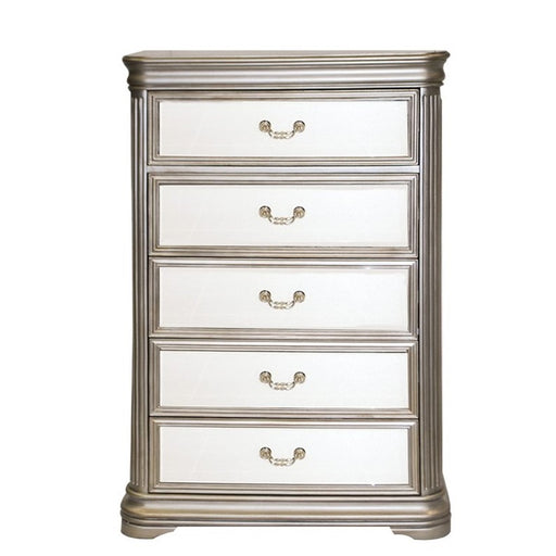 Jessica Champagne Mirrored 5 Drawer Tall Chest - The Furniture Mega Store