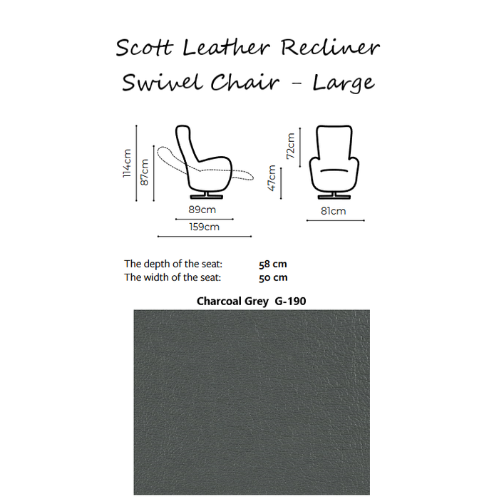 Scott Leather Recliner Swivel Chair - Choice Of Size & Power Or Manual Recliner - The Furniture Mega Store 