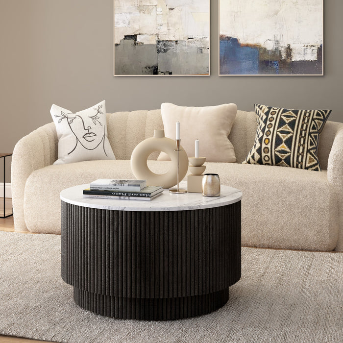 Miles Charcoal Fluted Mango & White Marble Round Coffee Table with 1 Door Storage - The Furniture Mega Store 