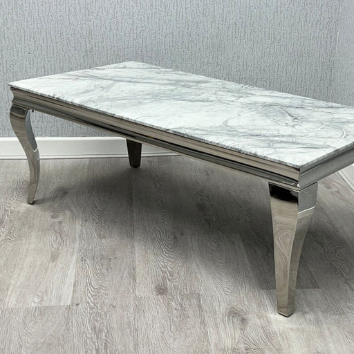 Louis Grey Marble Top & Polished Steel Coffee Table - 120cm - The Furniture Mega Store 