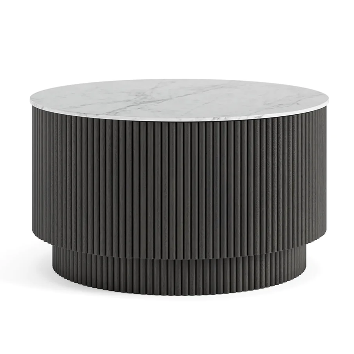 Miles Charcoal Fluted Mango & White Marble Round Coffee Table with 1 Door Storage - The Furniture Mega Store 