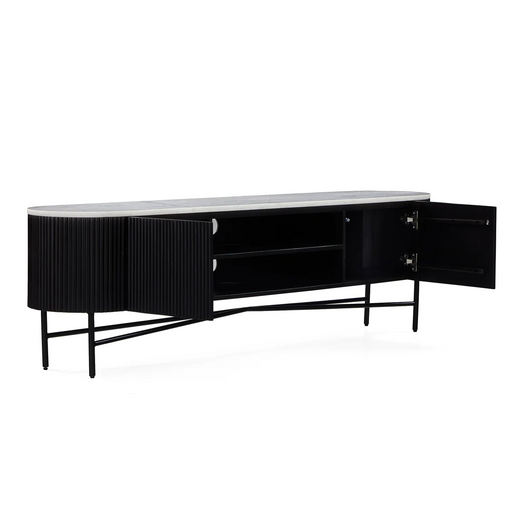 Miles Charcoal Fluted Mango & White Marble Extra Large Curved TV Unit 180cm - The Furniture Mega Store 