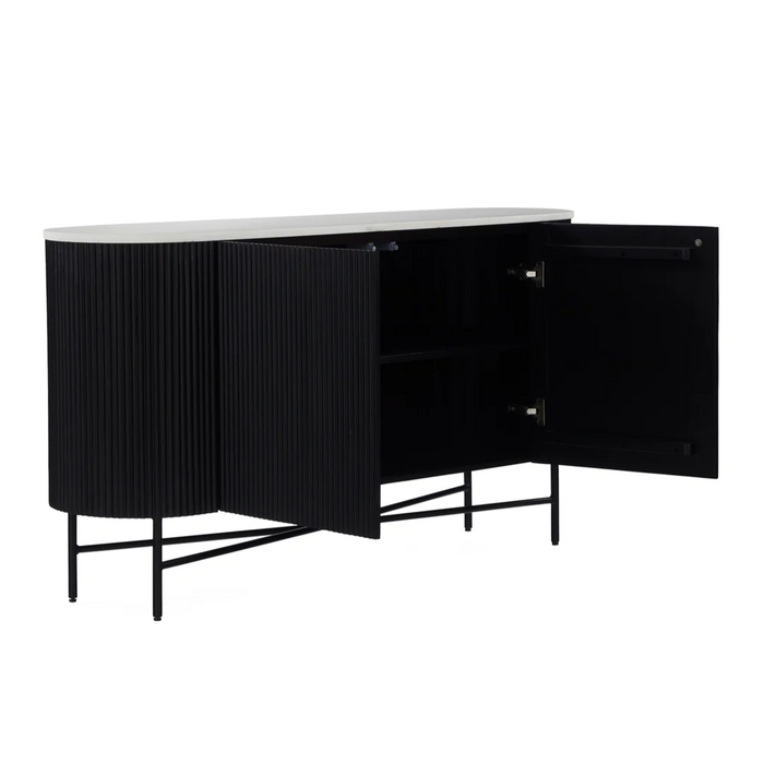 Miles Charcoal Fluted Mango & White Marble Large Curved Sideboard - The Furniture Mega Store 