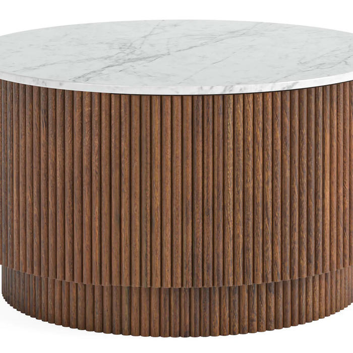 Milo Walnut Fluted Wood & Marble Top Round Coffee Table with 1 Door Storage - The Furniture Mega Store 