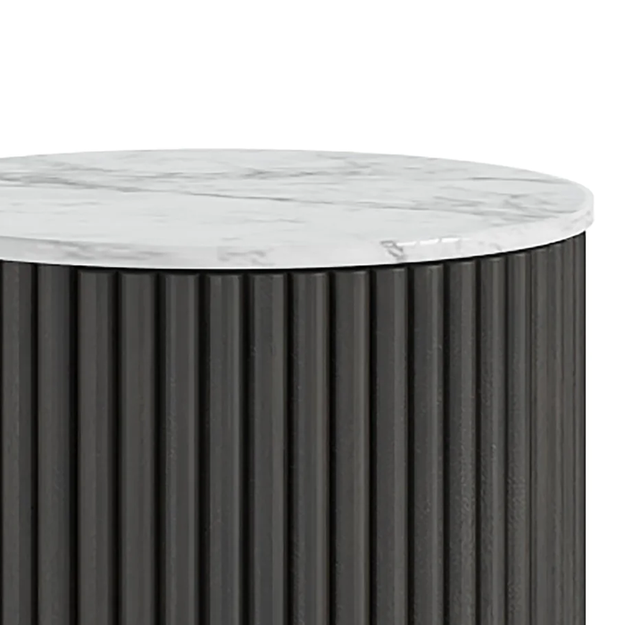 Miles Charcoal Fluted Mango & White Marble Top Round Side Table On Legs - The Furniture Mega Store 