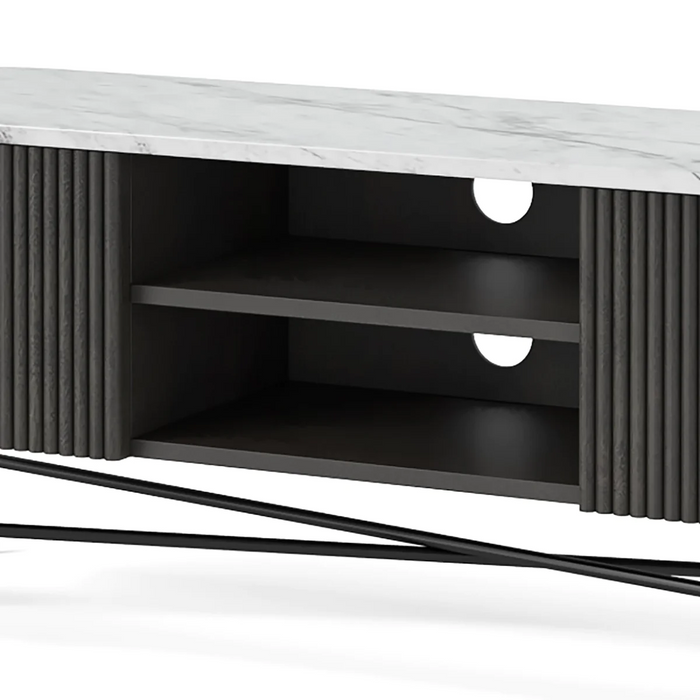 Miles Charcoal Fluted Mango & White Marble Large Curved TV Unit 150cm - The Furniture Mega Store 