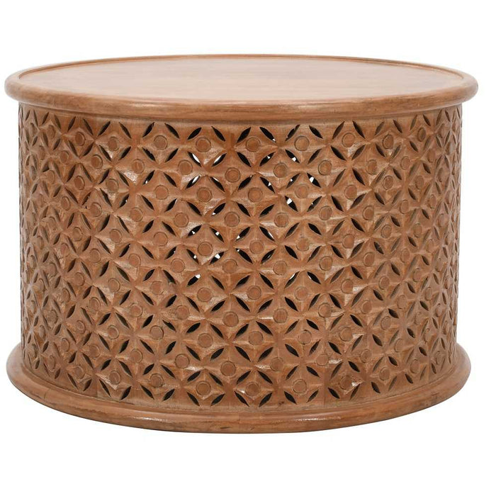 Carved Mango Wood Round Coffee Table - 70cm - The Furniture Mega Store 