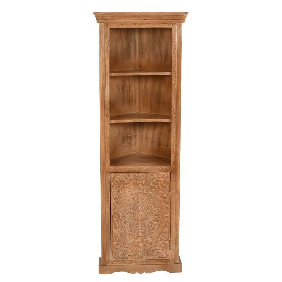 Carved Mango Wood Corner Bookcase With Cupboard - The Furniture Mega Store 