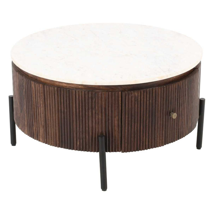 Opal Fluted Mango Wood & Marble Top 1 Drawer Round Coffee Table - 80cm - The Furniture Mega Store 