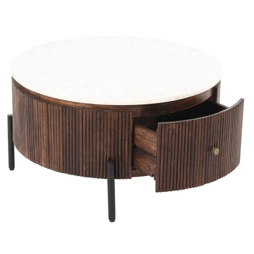 Opal Fluted Mango Wood & Marble Top 1 Drawer Round Coffee Table - 80cm - The Furniture Mega Store