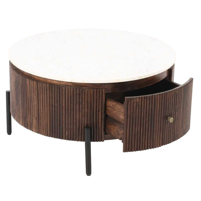 Opal Fluted Mango Wood & Marble Top 1 Drawer Round Coffee Table - 80cm - The Furniture Mega Store 