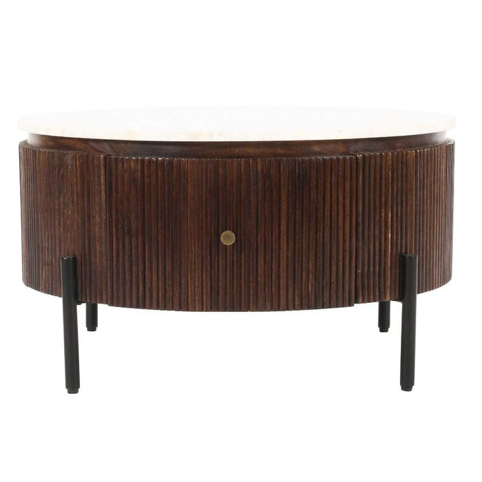 Opal Fluted Mango Wood & Marble Top 1 Drawer Round Coffee Table - 80cm - The Furniture Mega Store 