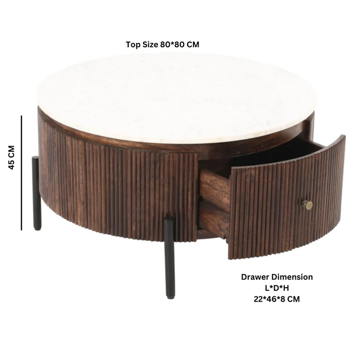 Opal Fluted Mango Wood & Marble Top 1 Drawer Round Coffee Table - 80cm - The Furniture Mega Store 