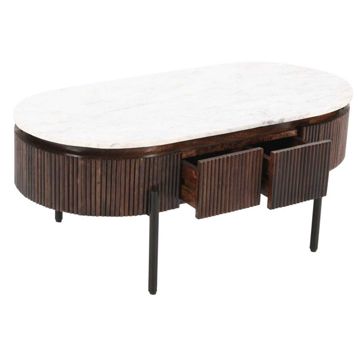 Opal Fluted Mango Wood & Marble Top 2 Drawer Oval Coffee Table - 110cm - The Furniture Mega Store 