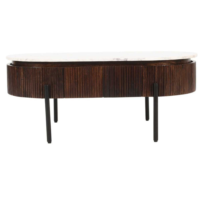 Opal Fluted Mango Wood & Marble Top 2 Drawer Oval Coffee Table - 110cm - The Furniture Mega Store 