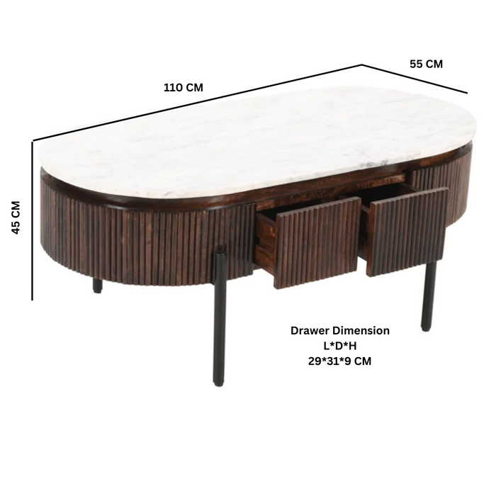 Opal Fluted Mango Wood & Marble Top 2 Drawer Oval Coffee Table - 110cm - The Furniture Mega Store 