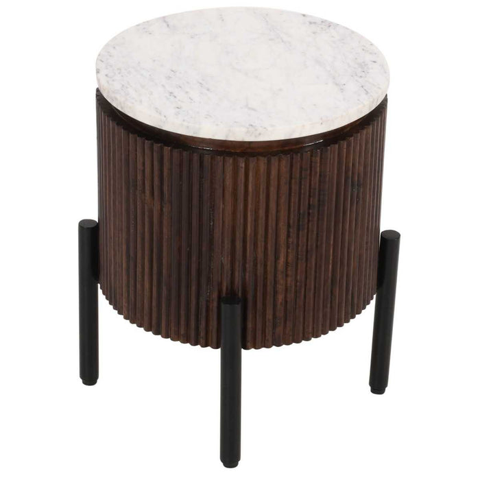 Opal Fluted Mango Wood & Marble Top Round Side Table - 35cm - The Furniture Mega Store 