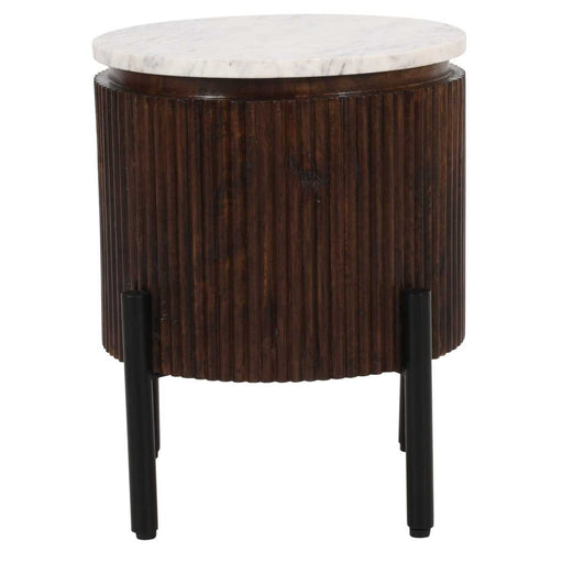 Opal Fluted Mango Wood & Marble Top Round Side Table - 35cm - The Furniture Mega Store 