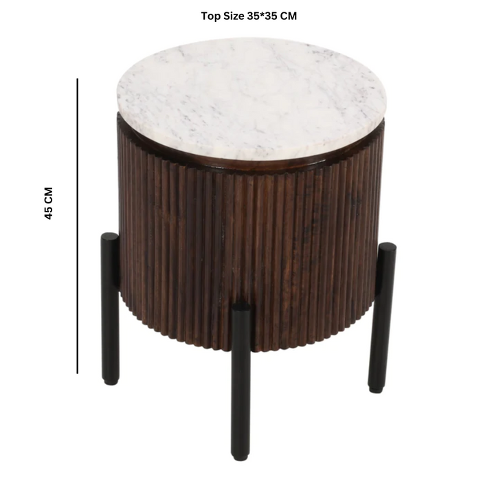 Opal Fluted Mango Wood & Marble Top Round Side Table - 35cm - The Furniture Mega Store 