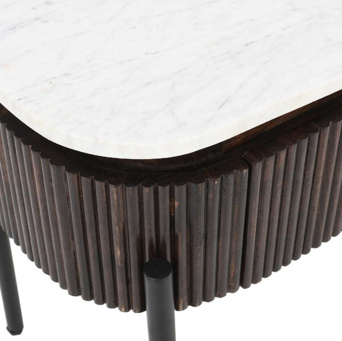 Opal Fluted Mango Wood & Marble Top 1 Drawer Side Table - 45cm - The Furniture Mega Store 