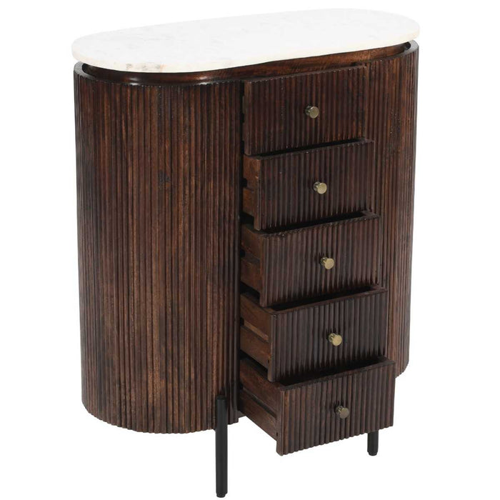 Opal Fluted Mango Wood & Marble Top Wide Chest Of 5 Drawers - The Furniture Mega Store 