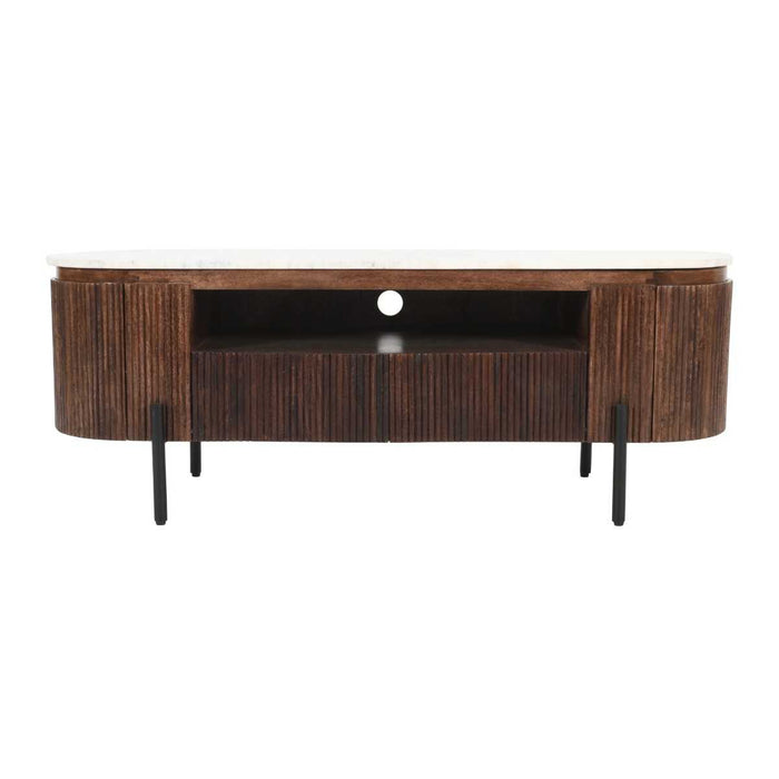 Opal Fluted Mango Wood & Marble Top 2 Door 2 Drawer TV Cabinet - 140cm - The Furniture Mega Store 