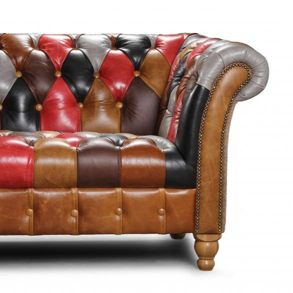 Alderley Vintage Leather & Harris Tweed Patchwork Chesterfield Sofa - The Furniture Mega Store 