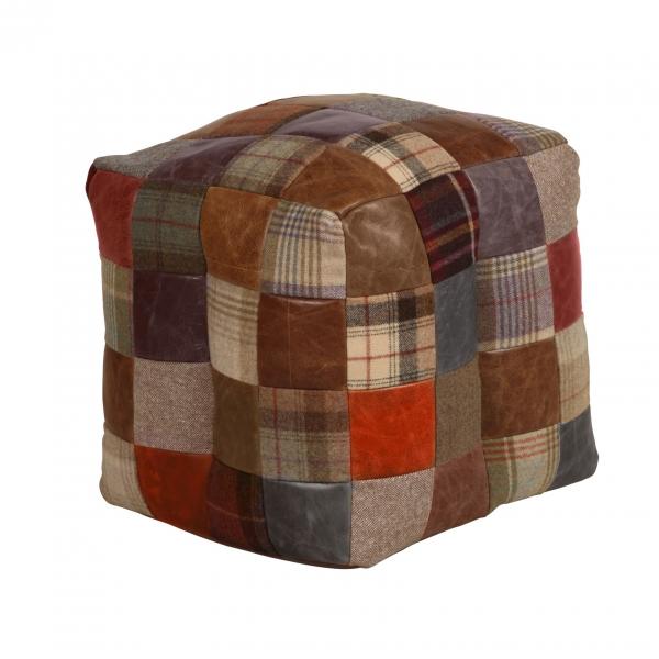 Brown Vintage Leather, Harris Tweed & Moon Wool Patchwork Square Bean Bag - The Furniture Mega Store 