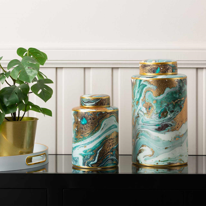 Gold, White & Blue Decorative Storage Jar - 30cm - The Furniture Mega Store 