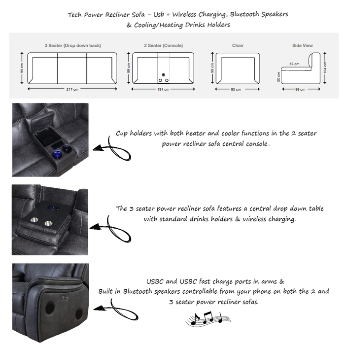 Tech Power Recliner Armchair With Usb Charging Port - The Furniture Mega Store 